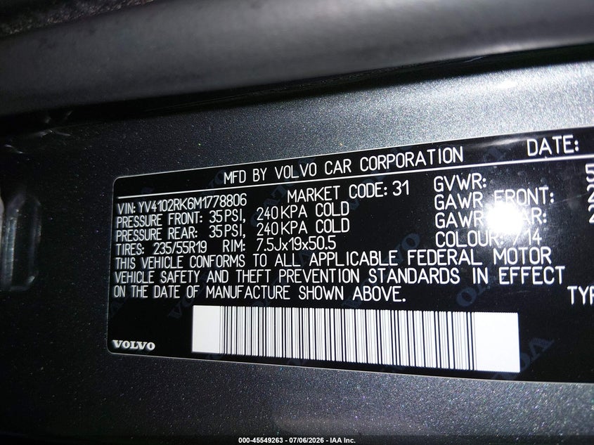 2021 Volvo Xc60 T5 Momentum VIN: YV4102RK6M1778806 Lot: 45549263