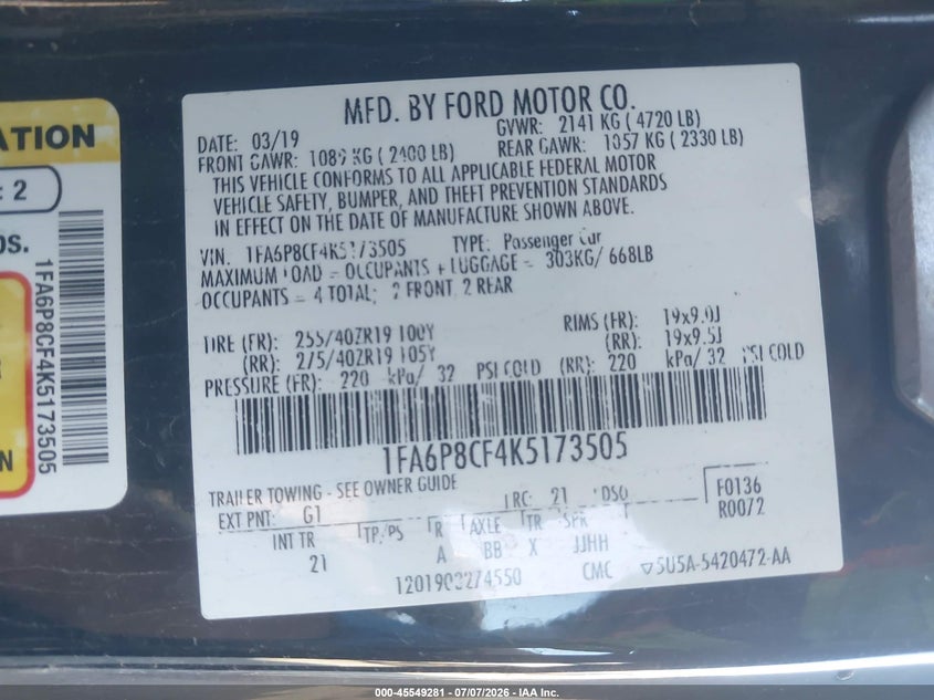 2019 FORD MUSTANG COUPE 5.0L V-8 DI, DOHC, VVT, 460HP