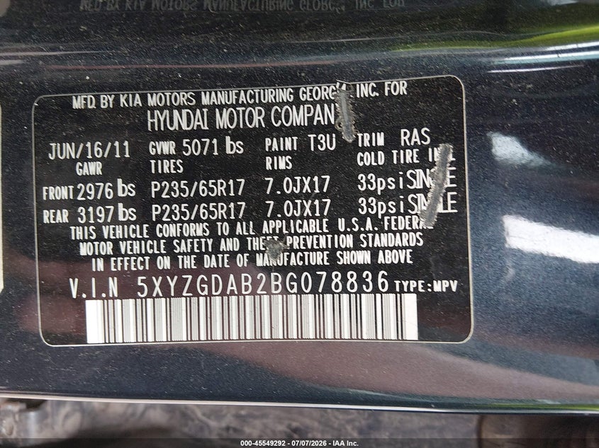 2011 Hyundai Santa Fe Gls VIN: 5XYZGDAB2BG078836 Lot: 45549292