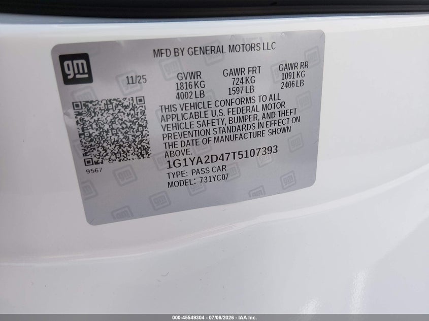2026 Chevrolet Corvette Stingray , 1Lt, Rwd VIN: 1G1YA2D47T5107393 Lot: 45549304