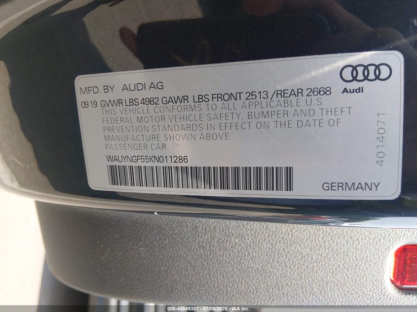 2019 Audi A5 45 Premium VIN: WAUYNGF55KN011286 Lot: 45549307