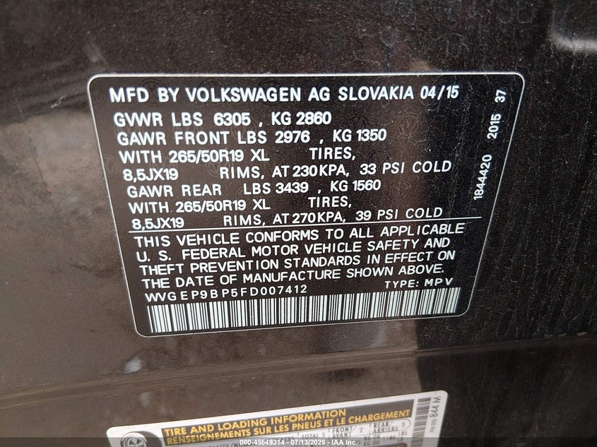 2015 Volkswagen Touareg Tdi Lux VIN: WVGEP9BP5FD007412 Lot: 45549314