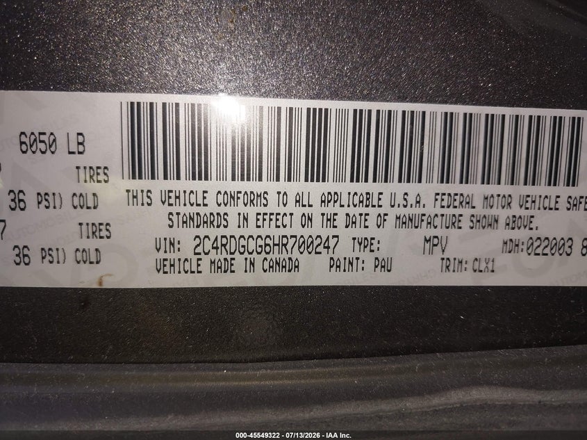 2017 Dodge Grand Caravan Sxt VIN: 2C4RDGCG6HR700247 Lot: 45549322