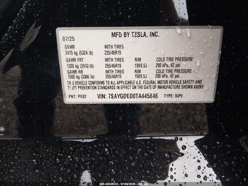 2026 Tesla Model Y Premium Rear-Wheel Drive/Rear-Wheel Drive VIN: 7SAYGDED0TA445846 Lot: 45549333