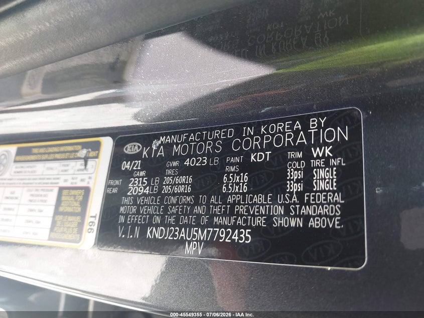 2021 Kia Soul Lx VIN: KNDJ23AU5M7792435 Lot: 45549355