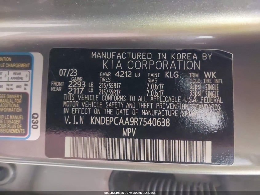 2024 Kia Seltos Lx VIN: KNDEPCAA9R7540638 Lot: 45549366