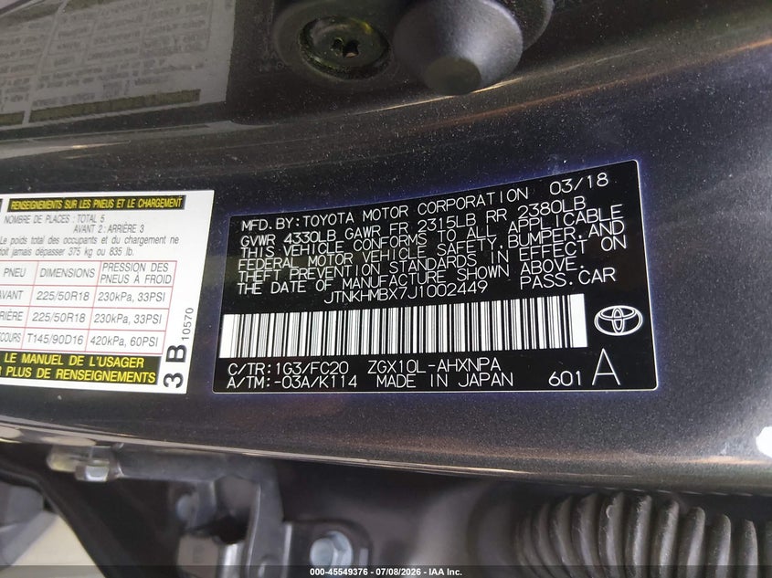 2018 Toyota C-Hr Xle Premium VIN: JTNKHMBX7J1002449 Lot: 45549376