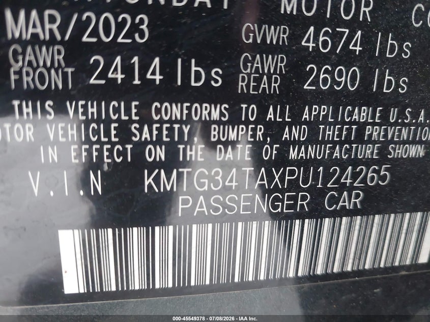 2023 Genesis G70 2.0T Rwd VIN: KMTG34TAXPU124265 Lot: 45549378