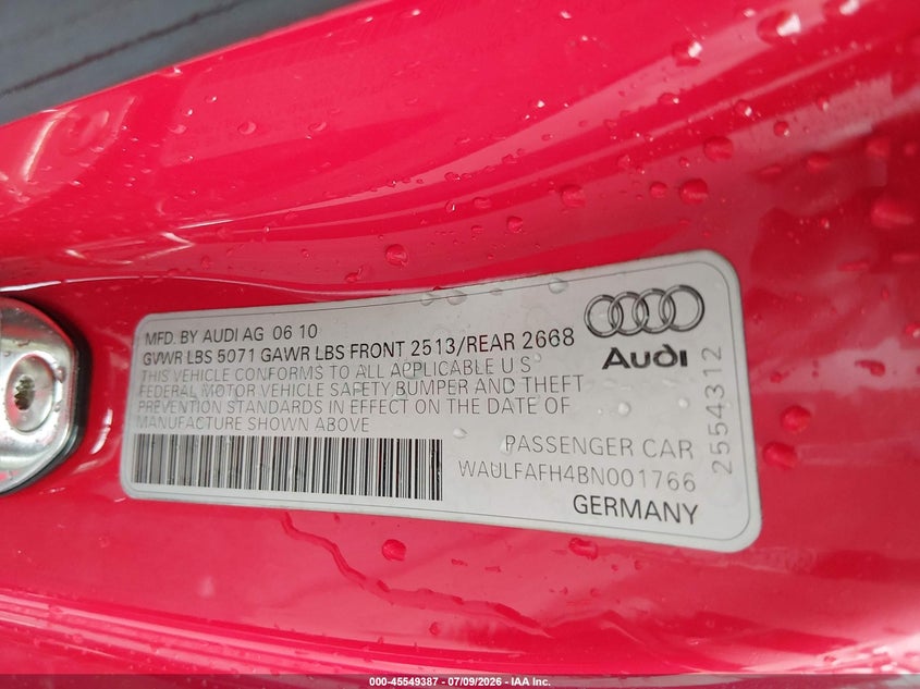 2011 Audi A5 2.0T Premium VIN: WAULFAFH4BN001766 Lot: 45549387