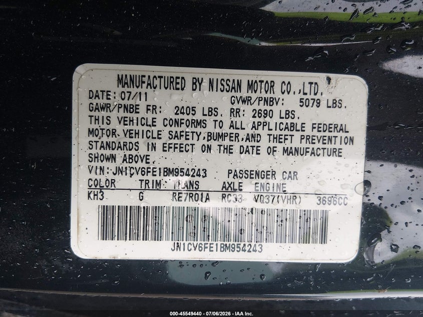 2011 Infiniti G37 VIN: JN1CV6FE1BM954243 Lot: 45549440