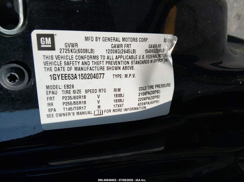 2005 Cadillac Srx V8 VIN: 1GYEE63A150204077 Lot: 45549453