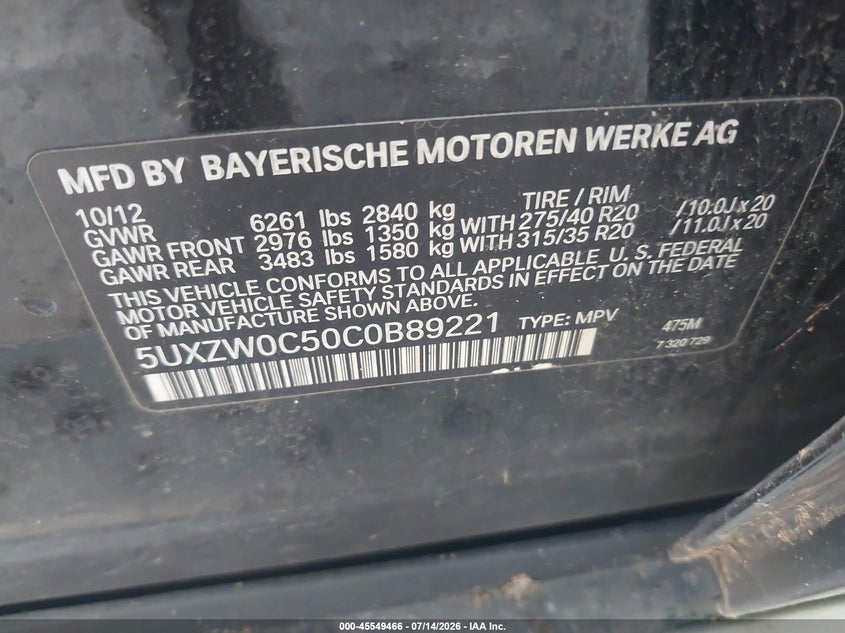2012 BMW X5 xDrive35D VIN: 5UXZW0C50C0B89221 Lot: 45549466
