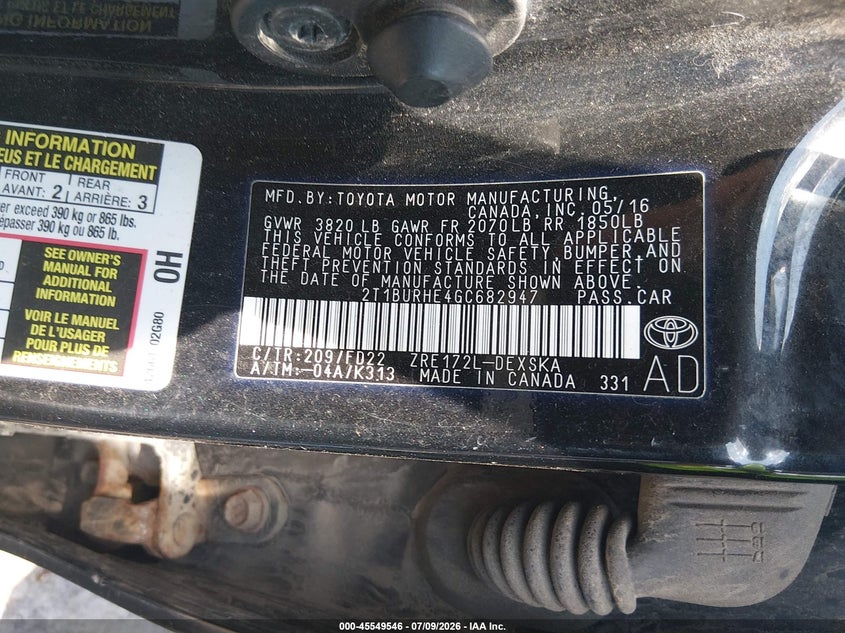 2016 TOYOTA COROLLA SEDAN 1.8L I-4 DOHC, VVT, 132HP