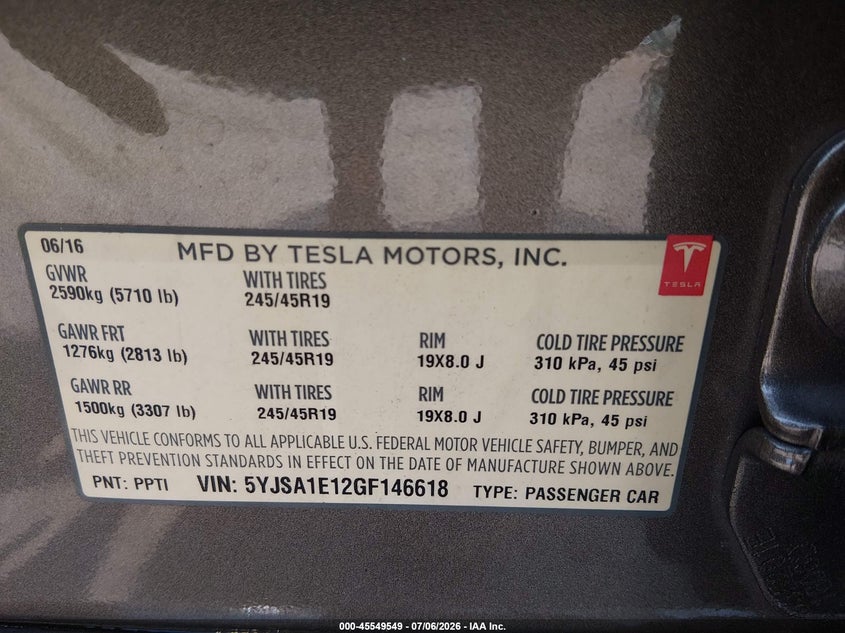 2016 Tesla Model S 60/70/75/85 VIN: 5YJSA1E12GF146618 Lot: 45549549