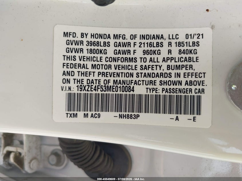 2021 Honda Insight Ex VIN: 19XZE4F53ME010084 Lot: 45549689