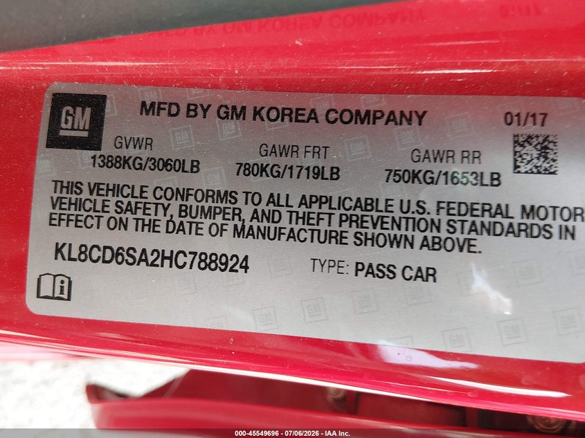 2017 Chevrolet Spark 1Lt Cvt VIN: KL8CD6SA2HC788924 Lot: 45549696