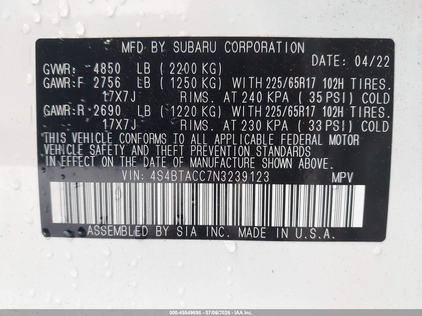 2022 Subaru Outback Premium VIN: 4S4BTACC7N3239123 Lot: 45549698