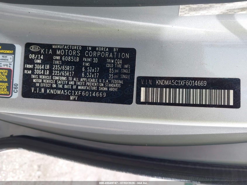 2015 Kia Sedona L VIN: KNDMA5C1XF6014669 Lot: 45549747