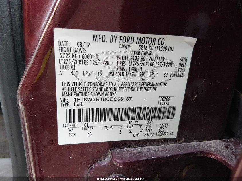 2012 Ford Super Duty F-350 Srw Lariat VIN: 1FT8W3BT8CEC66187 Lot: 45549754