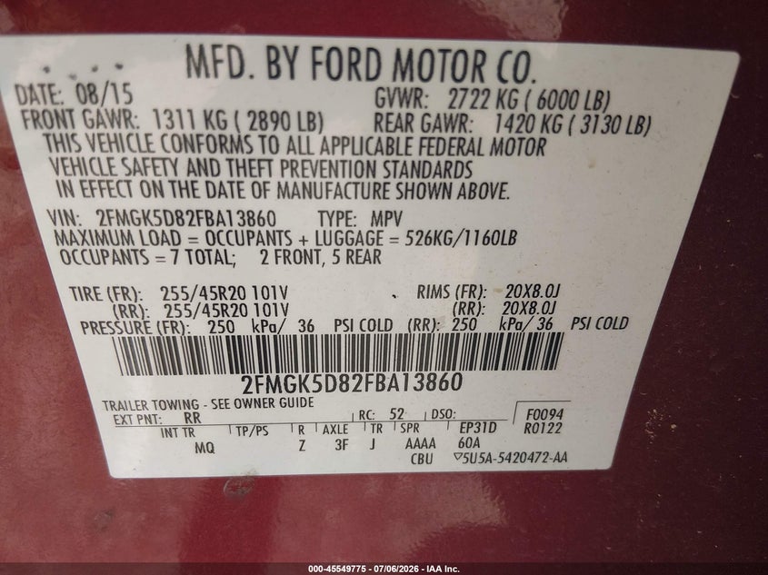 2015 Ford Flex Limited VIN: 2FMGK5D82FBA13860 Lot: 45549775