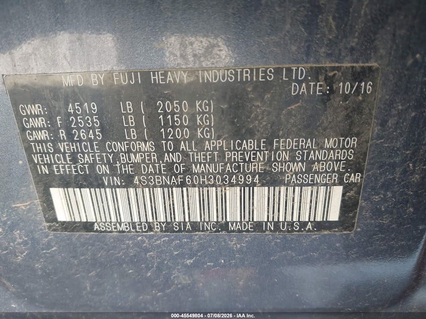 SUBARU LEGACY 2017 VIN 4S3BNAF60H3034994