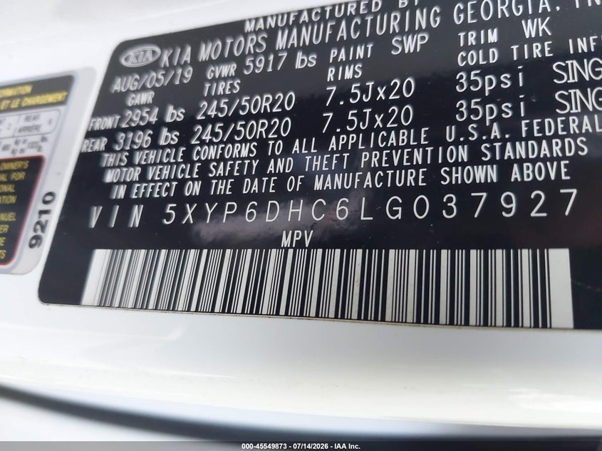 2020 Kia Telluride S VIN: 5XYP6DHC6LG037927 Lot: 45549873