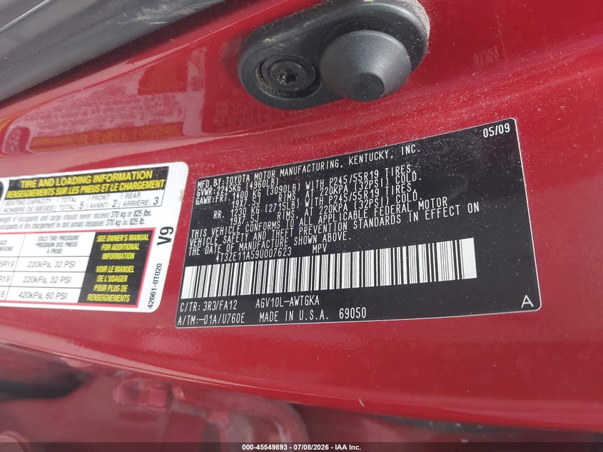 2009 Toyota Venza VIN: 4T3ZE11A59U007623 Lot: 45549893
