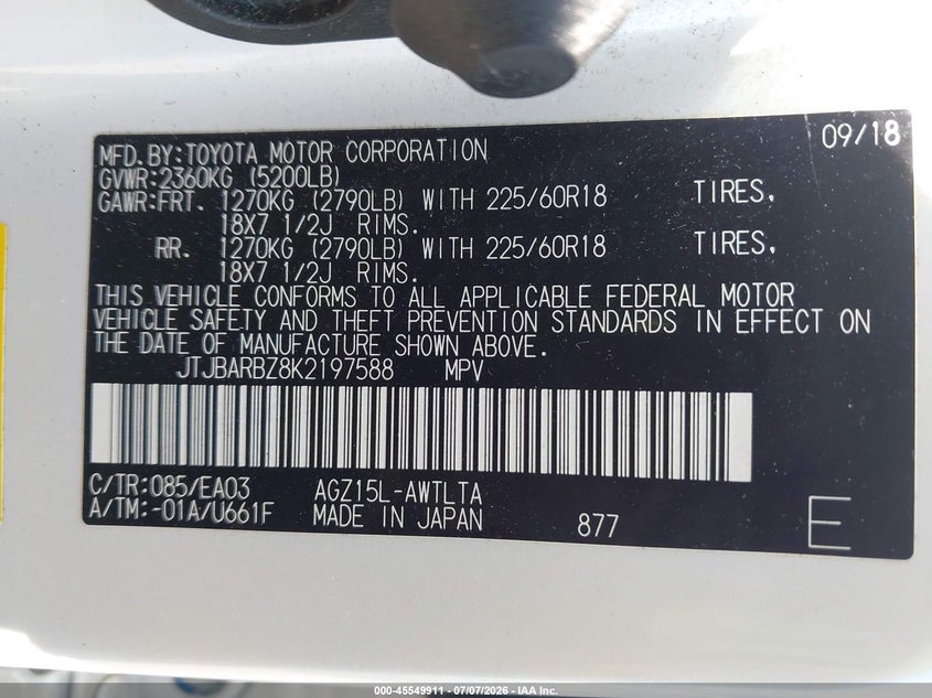 2019 Lexus Nx 300 VIN: JTJBARBZ8K2197588 Lot: 45549911