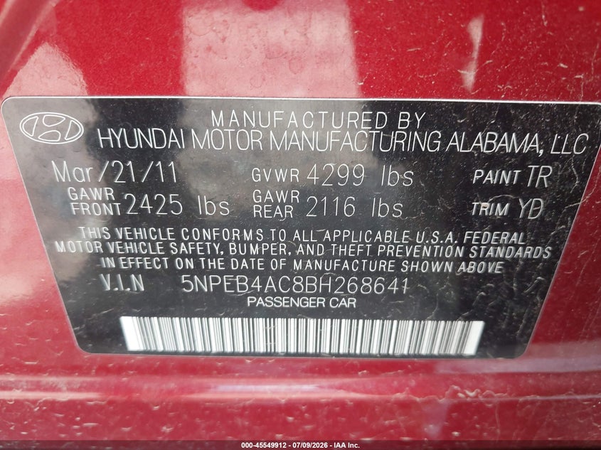2011 HYUNDAI SONATA SEDAN 2.4L I-4 DI, DOHC, VVT, 198HP