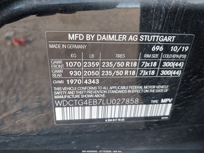 2020 Mercedes-Benz Gla 250 VIN: WDCTG4EB7LU027858 Lot: 45550040