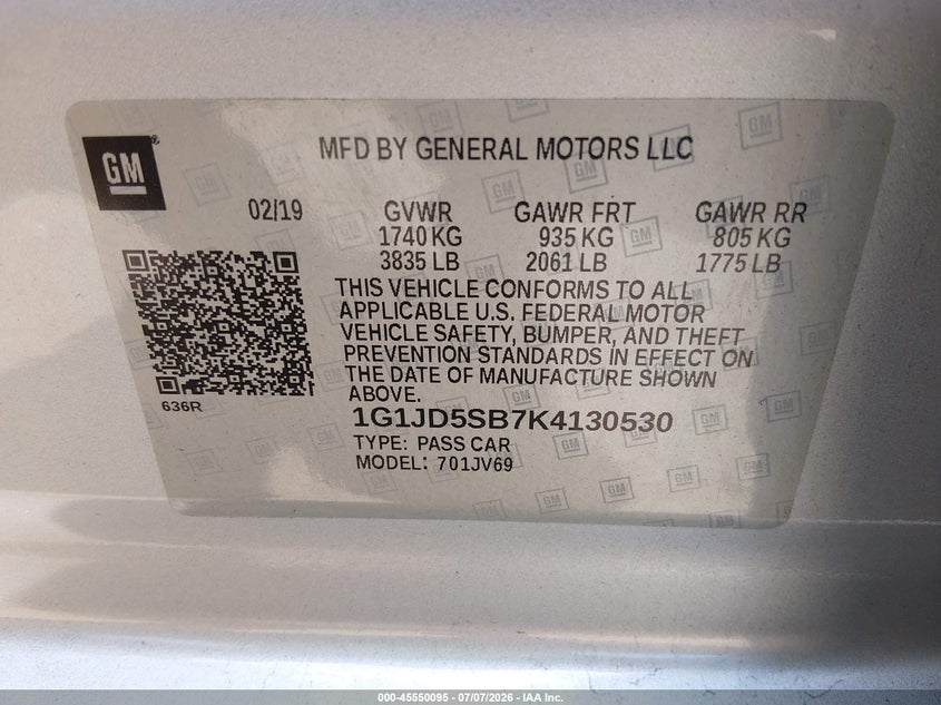 2019 Chevrolet Sonic Lt Auto VIN: 1G1JD5SB7K4130530 Lot: 45550095