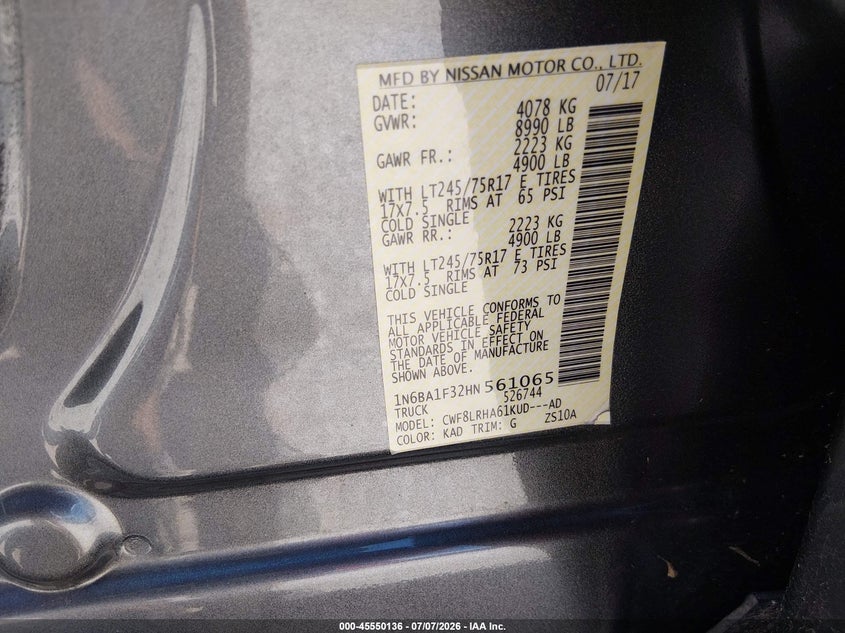 2017 Nissan Titan Xd S Diesel VIN: 1N6BA1F32HN561065 Lot: 45550136