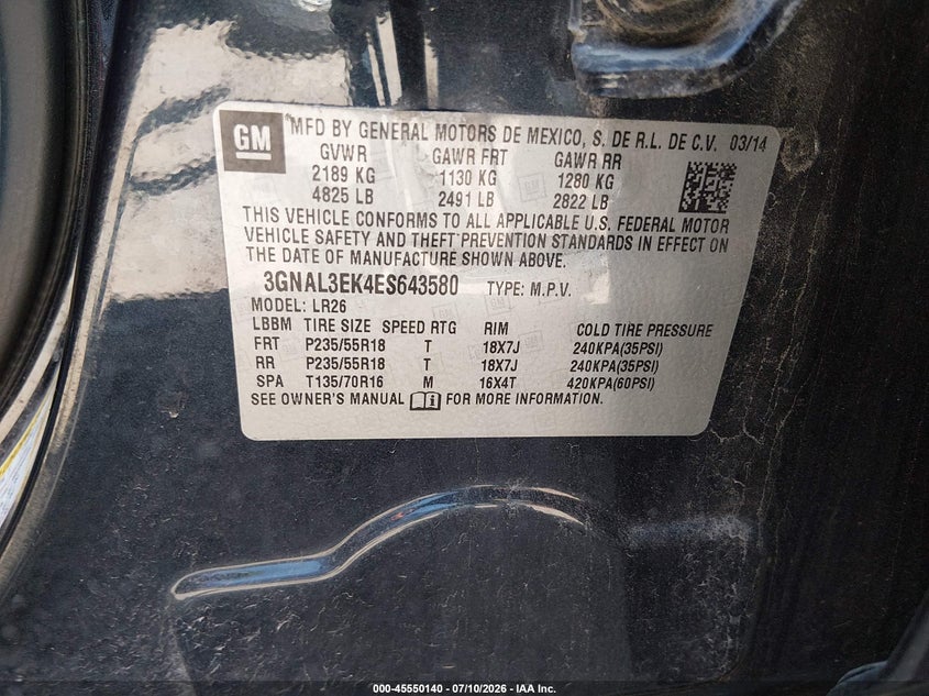 2014 Chevrolet Captiva Sport Fleet Lt VIN: 3GNAL3EK4ES643580 Lot: 45550140