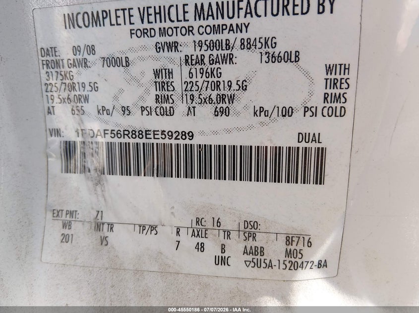 2008 Ford Super Duty F-550 Drw Xl/Xlt VIN: 1FDAF56R88EE59289 Lot: 45550186