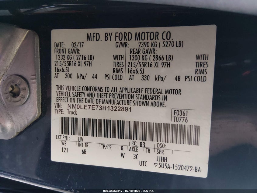 2017 FORD TRANSIT CONNECT VAN 2.5L I-4 DOHC, VVT, 169HP