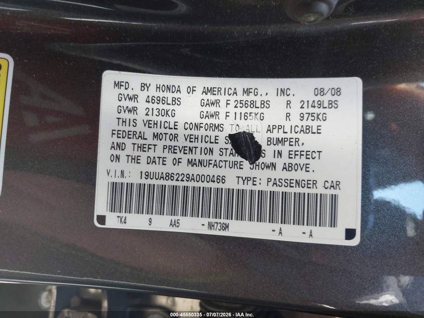 2009 Acura Tl 3.5 VIN: 19UUA86229A000466 Lot: 45550335