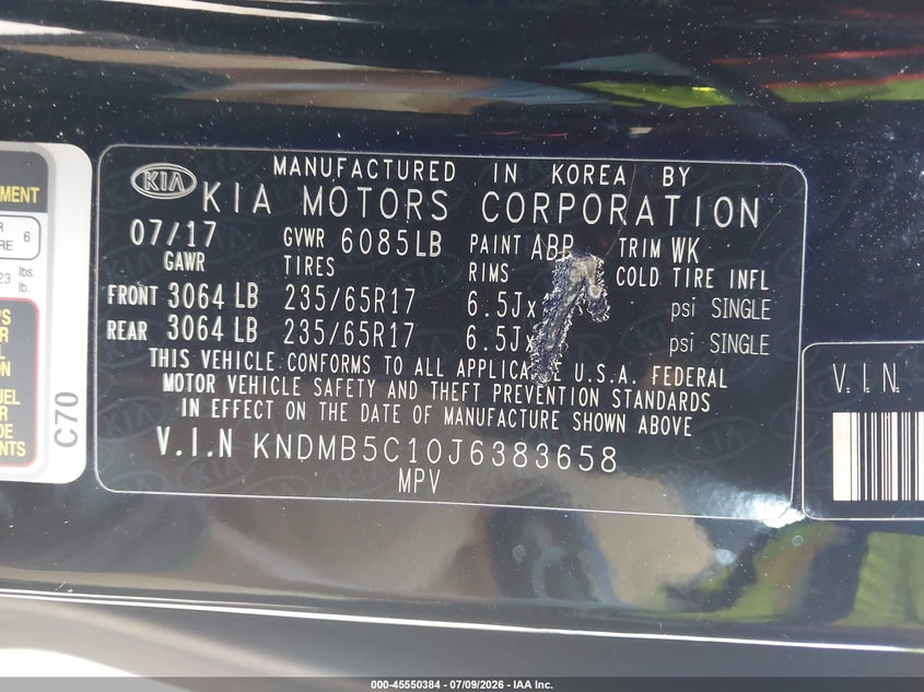 2018 Kia Sedona Lx VIN: KNDMB5C10J6383658 Lot: 45550384