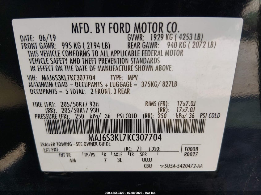 2019 Ford Ecosport Titanium VIN: MAJ6S3KL7KC307704 Lot: 45550429