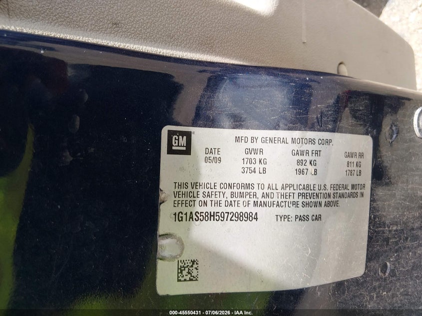 2009 Chevrolet Cobalt Ls VIN: 1G1AS58H597298984 Lot: 45550431