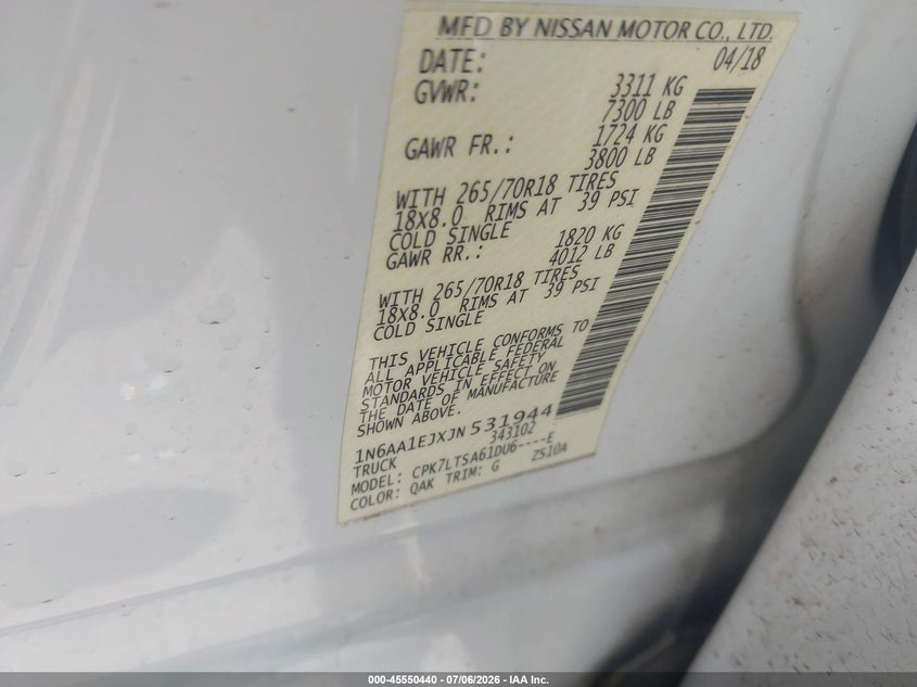 2018 Nissan Titan Sv VIN: 1N6AA1EJXJN531944 Lot: 45550440