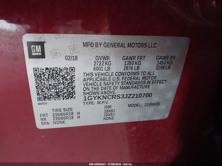 2018 Cadillac Xt5 Luxury VIN: 1GYKNCRS3JZ210700 Lot: 45550447