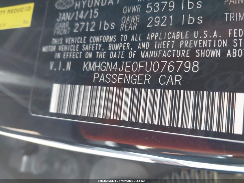 2015 Hyundai Genesis 3.8 VIN: KMHGN4JE0FU076798 Lot: 45550474