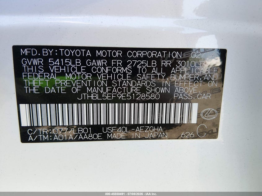 2014 Lexus Ls 460 VIN: JTHBL5EF9E5128580 Lot: 45550491