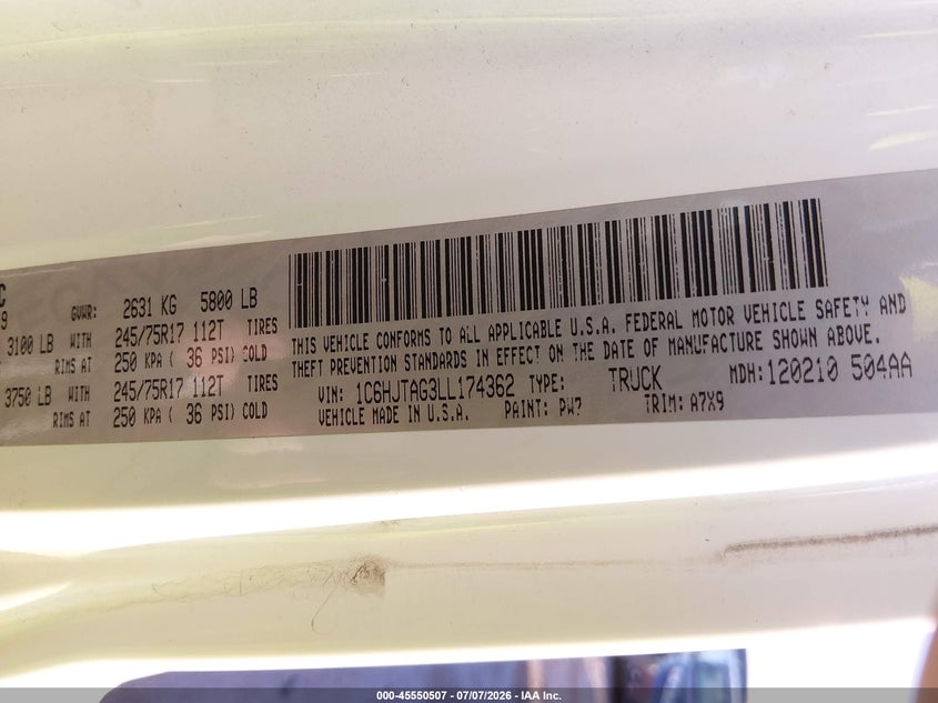 2020 Jeep Gladiator Sport S 4X4 VIN: 1C6HJTAG3LL174362 Lot: 45550507