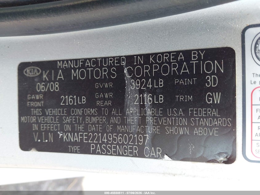 2009 Kia Spectra Ex VIN: KNAFE221495602197 Lot: 45550511