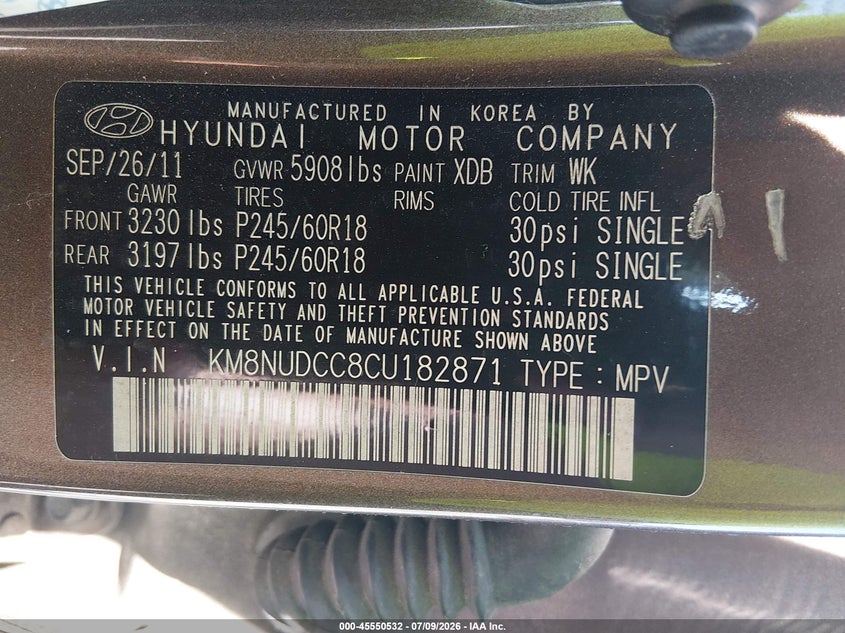 2012 Hyundai Veracruz Limited VIN: KM8NUDCC8CU182871 Lot: 45550532