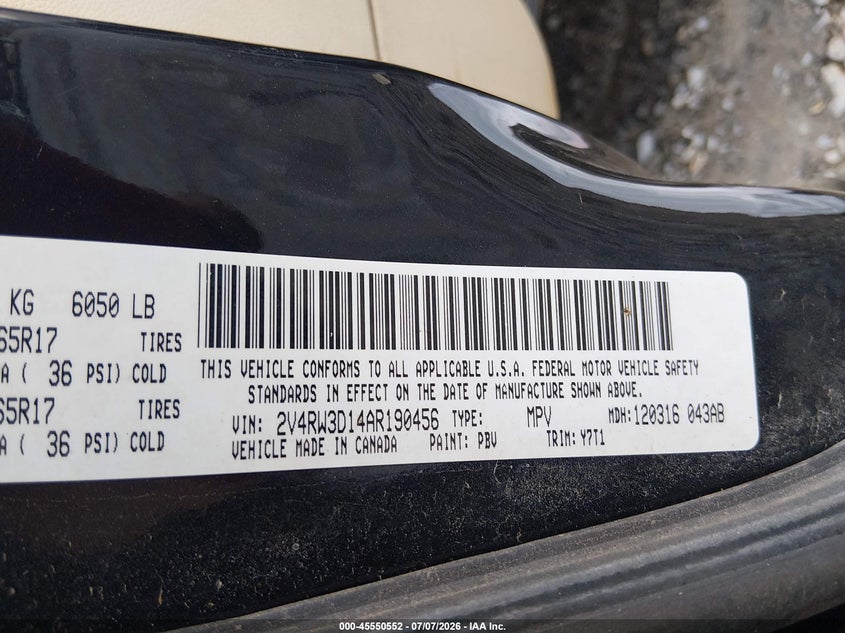2010 Volkswagen Routan Se VIN: 2V4RW3D14AR190456 Lot: 45550552