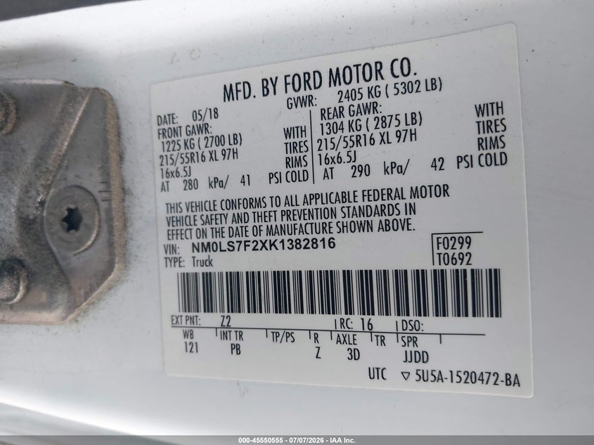 2019 Ford Transit Connect Xlt VIN: NM0LS7F2XK1382816 Lot: 45550555