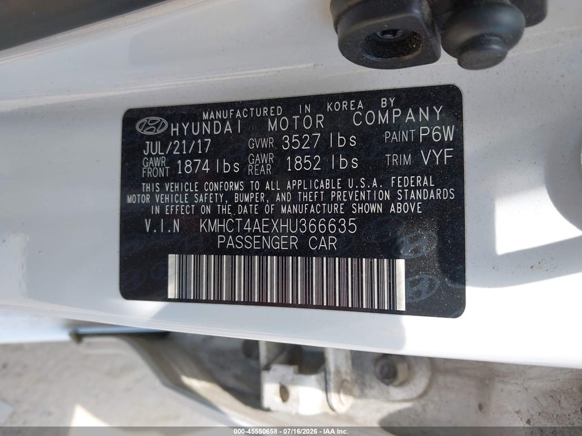 2017 Hyundai Accent Se VIN: KMHCT4AEXHU366635 Lot: 45550658