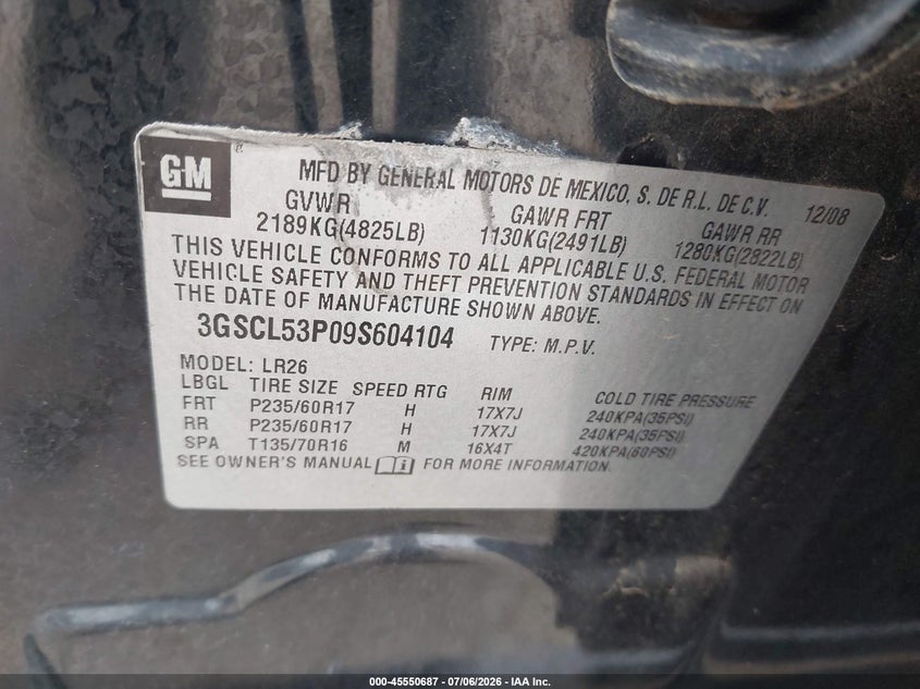 2009 Saturn Vue Xr VIN: 3GSCL53P09S604104 Lot: 45550687